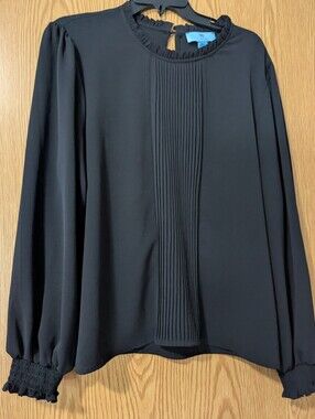 Black Pleated Front Long-Sleeve Blouse